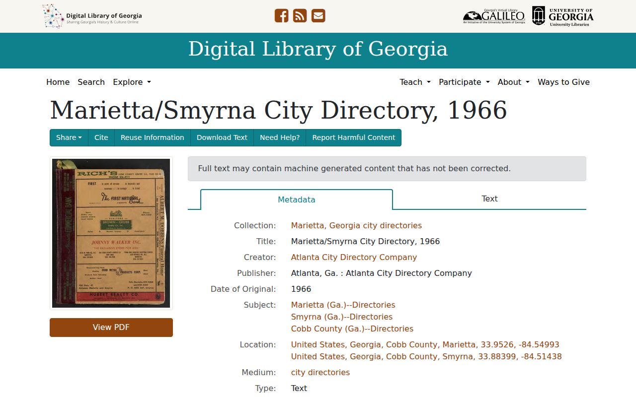 Digitized 1966 Marietta and Smyrna city directory record
