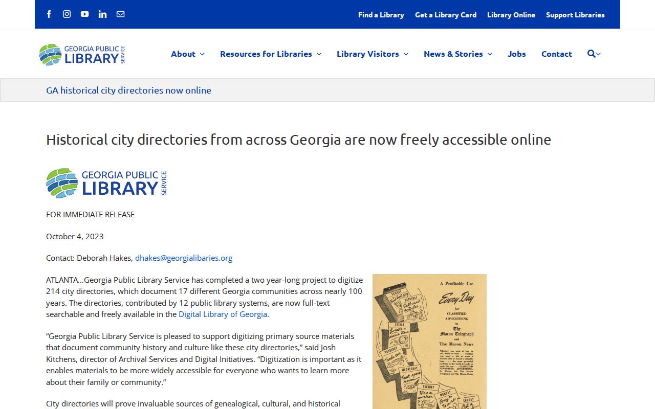 Georgia library announcement for digitized Smyrna city directories
