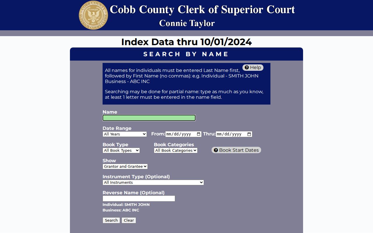 Cobb Superior Court Clerk name search used for a Smyrna resident lookup